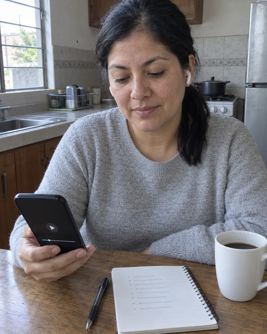 Mujer con audífonos inalámbricos mirando su celular en la mesa de la cocina, con una libreta al lado
