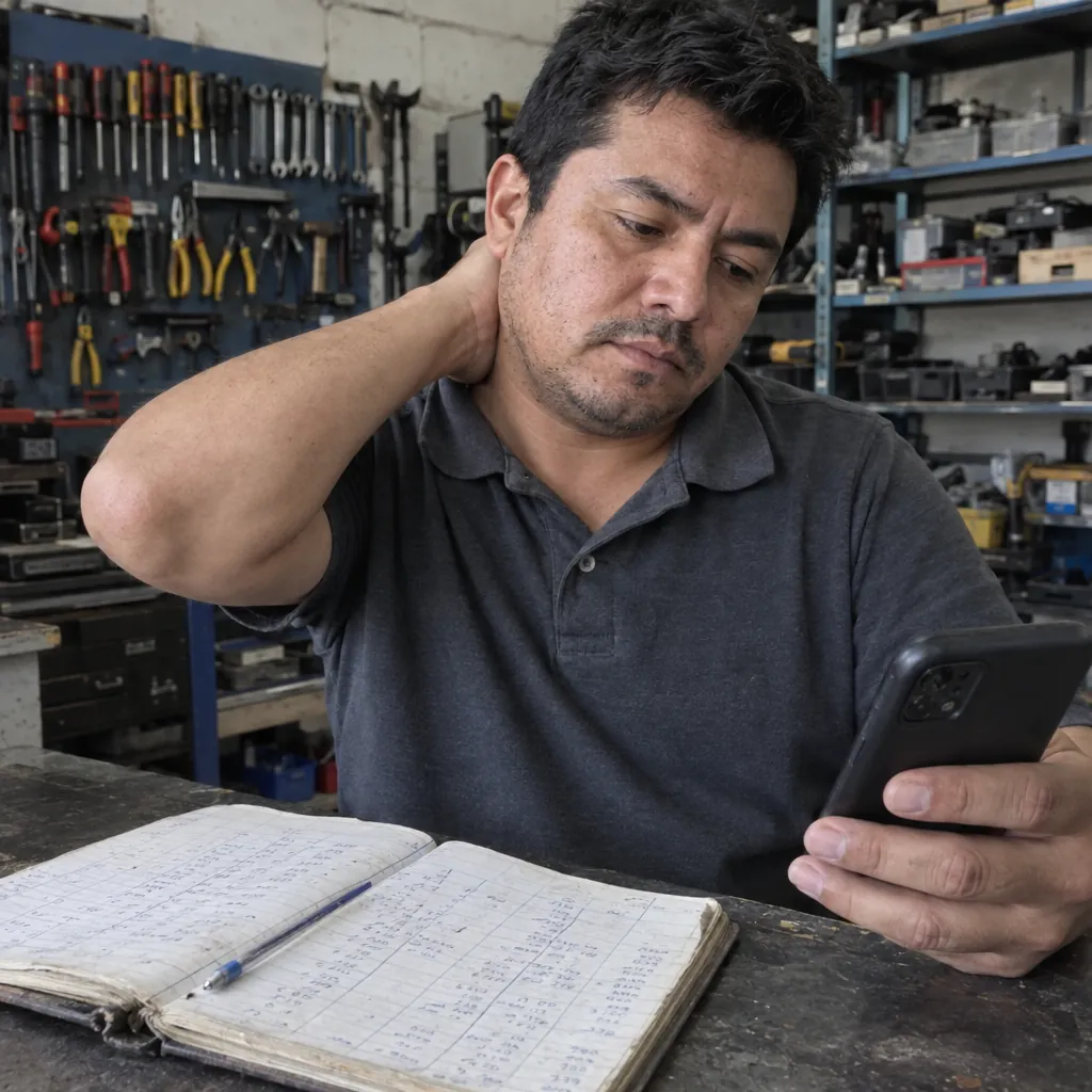 Hombre con negocio propio en su taller, revisando su libreta de cuentas y su celular